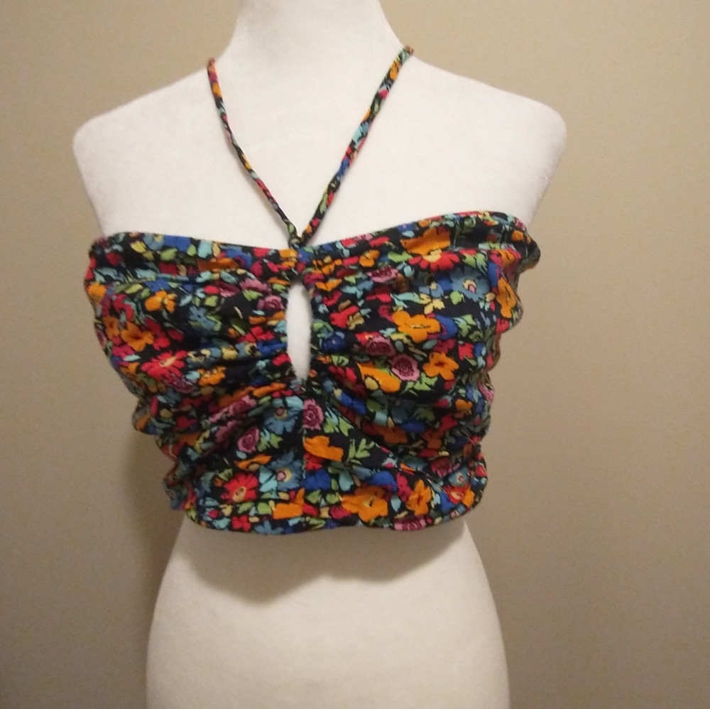 Wild Fable Black Orange Floral  Ruched Crop Halter  Top